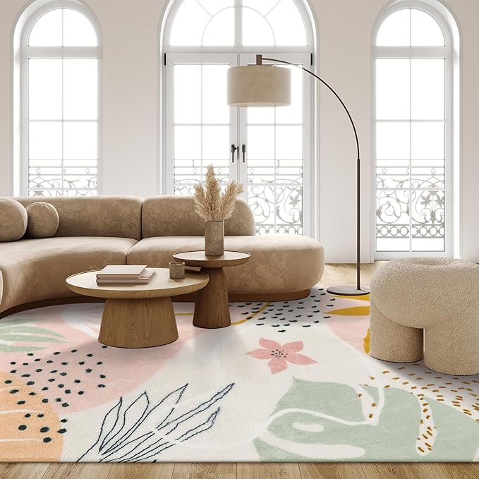 Lahome Washable Pink Area Rugs 9x12 Living Room Carpet Non-Slip Backing Ultra-Thin Extra Large Rug Lightweight Throw Non Shedding Dining Room Rug，Boho Botanical Print Rug for Bedroom Guest Room Home