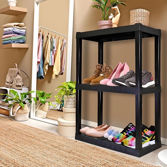 Oskar Storage Shelves - Bathroom Wall Organizer, Kids Room Toys Book Shelf, No Drill Heavy Duty, Kitchen Closet Garage Outdoor 3 Tier Stackable Plastic Shelving Unit