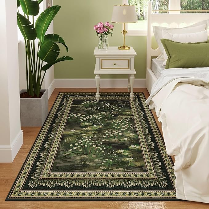 3x5 Washable Rug Impressionist-Style Vintage Non Slip Low Pile Small Carpet for Bedroom Bedside Kitchen Entryway Kids Room Office College Dorm Essentials for Girls, Green