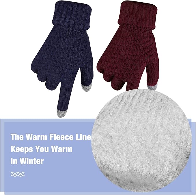 Geyoga 2 Pairs Women's Winter Touch Screen Gloves Soft Warm Fleece Lined Knit Elastic Cuff Winter Texting Gloves