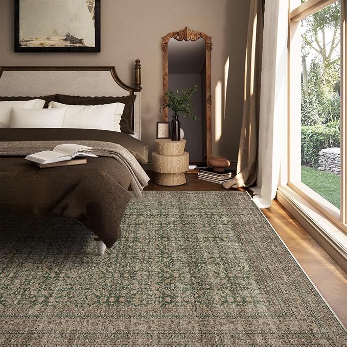 Machine Washable Rugs for Living Room: 8x10 Area Rugs Boho Vintage Rugs Stain Resistant Non Slip Low Pile Soft Lightweight Carpet for Bedroom Kitchen Dining Room Nursery Kids Room Farmhouse