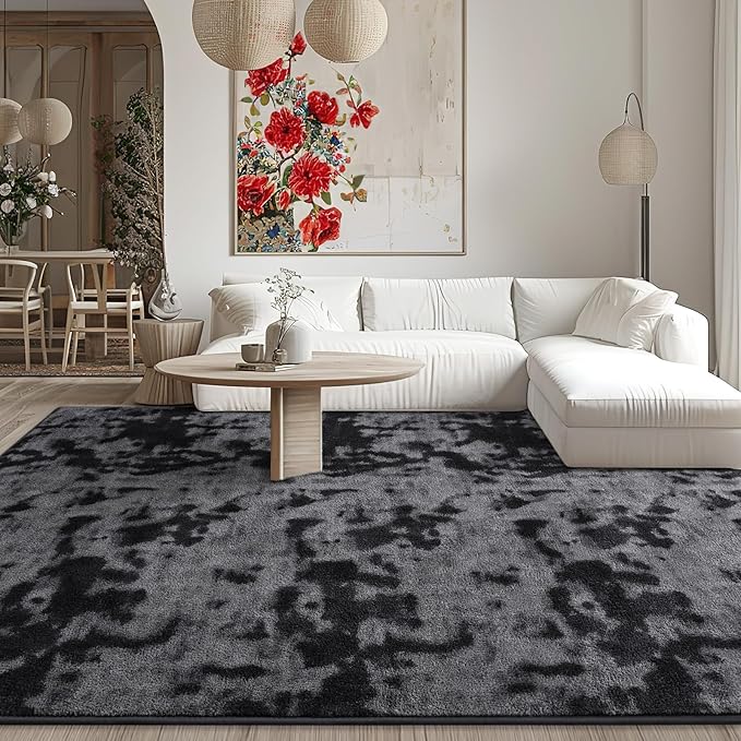 Kimicole 7x10 Washable Area Rugs for Living Room Bedroom, Large Low Pile Ulta-Thin Solid Color Rug, Non-Slip Soft Fluffy Carpet for Nursery Kids Room Dorm Room Home Decor (Dark Grey)