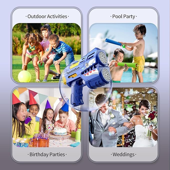 Rechargeable Blue Shark Bubble Guns for Kids, LED Light Up Bubble Machine Blower with 2 Bottles Bubble Refill Solution for Kids, Bubble Makers Blaster for Toddlers, Summer WeddingToys Gift