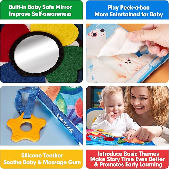 hahaland Baby Books 0-6 Months - 2 PCS Sensory Montessori Toys for Babies 0-6 Months with Crinkle Squeaky Sounds, Mirrors, Teethers - Soft Cloth Tummy Time Book Newborn Infant Toys