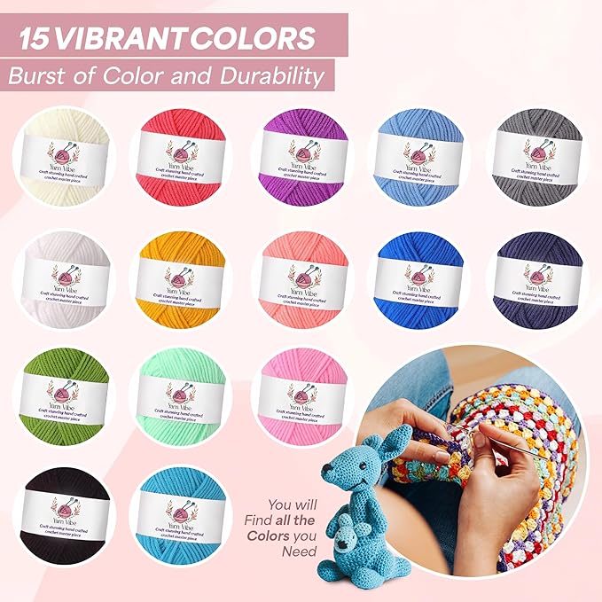 Yarnvibe Easy Crochet Kit for Beginners Adults 80 pcs with Video Course, Includes 15 Yarns, 21 Crochet Hooks & More, Learn to Crochet Gifts for Crochet Lovers, Beginner Crochet Kit for Kids & Adult