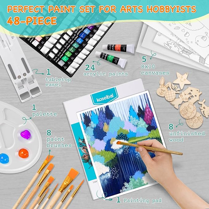 koseibal Acrylic Art Set with 24 Acrylic Paints, 8 DIY Wooden Stencils 5 Canvas Panels 8 Brushes, Table Easel, Etc, Painting Supplies Kit for Kids Students Artists and Beginner.