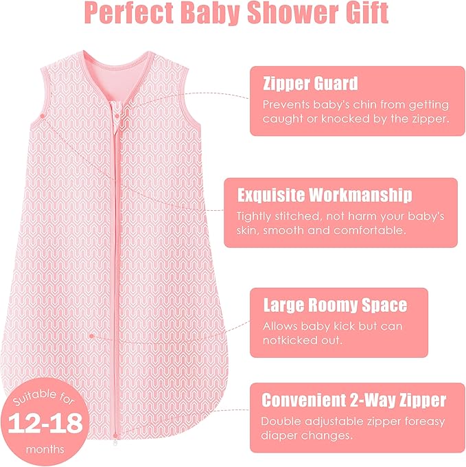 SWEET DOLPHIN Baby Sleep Sack 12-18 Months - 100% Cotton 2-Way Zipper TOG 0.5 Infant Wearable Blanket, Newborn Essentials Toddler 3 Pack Sleeping Sacks - Pink