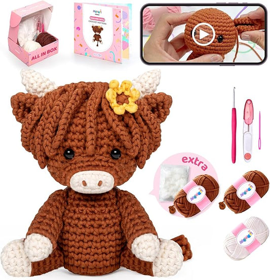 Mewaii Crochet Kit for Beginners with 40% Extra Eco-Friendly Pre-Started Easy Yarn, Step-by-Step Video Tutorials for Adults and Kids (Highland Cattle)