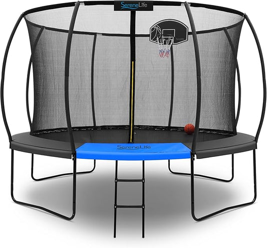 SereneLife 8FT 10FT 12FT 14FT Outdoor Trampoline for Kids - Recreational Backyard Trampoline with Curved Safety Poles and Net Enclosure- ASTM Approval for Kids Adults