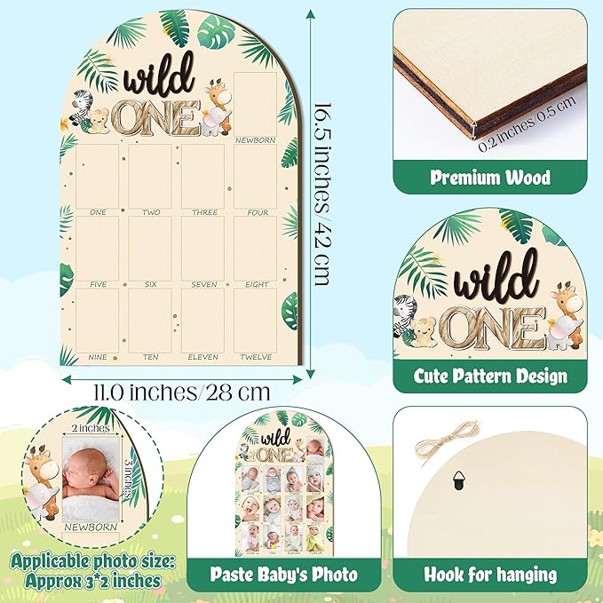 R HORSE My First Year Photo Frame Board, 3D Wild One Birthday Decoration, Jungle Themed Baby First Year Picture Frame 12 Months Milestone Display Wood Board Nursery Decor Gift for Boy Girl