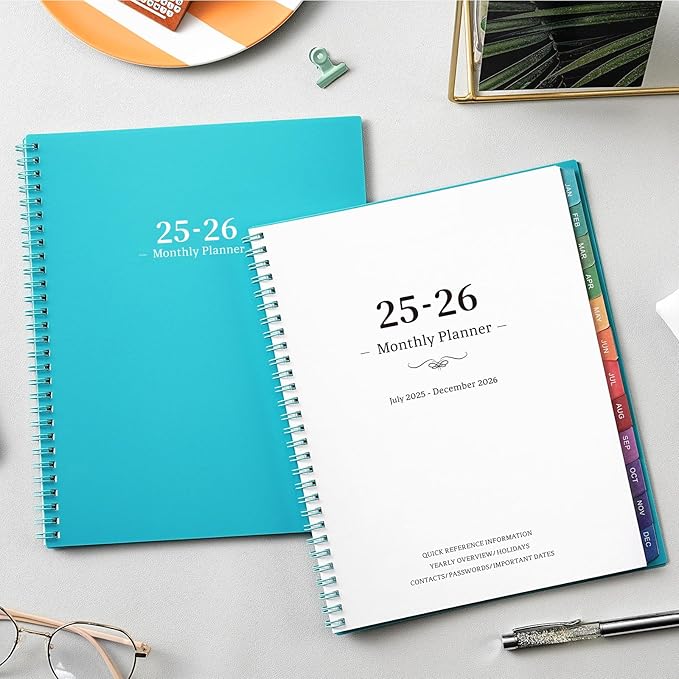 2026 Monthly Planner - JUL 2025 - DEC 2026, Academic Planner 2026, 18 Monthly Calendar with Colorful Tabs, Waterproof Cover (Blue, 8" x10", Notes)