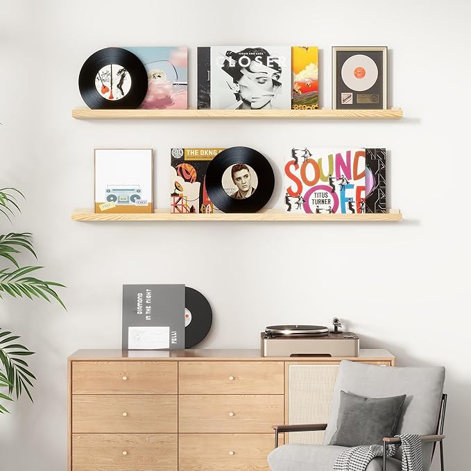 Picture Ledge Shelf for Wall, 48 inch Solid Pine Wood Nursery Book Shelves 2 Packs, Floating Ledge Shelves for Kids' Room Bedroom Bathroom Living Room Photo Frames Office Nursey Wall Decor, Natural