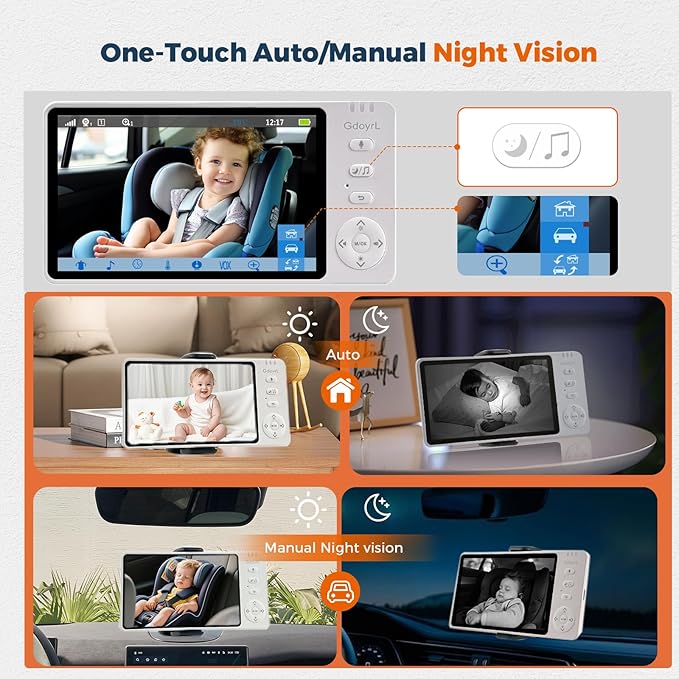 Wireless Baby Car Camera Monitor 5" HD 1080P IPS, 360° Rotating Camera with Auto/Manual Night Vision, 1000ft Range, Anti-Glare Display & USB Charging for Backseat, Home, Travel，Camping