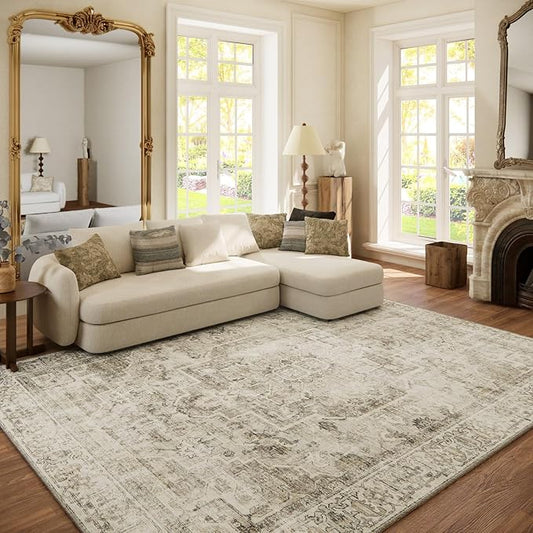 Washable Area Rugs for Living Room: 6x9 Bedroom Area Rugs Boho Vintage Rugs Stain Resistant Non Slip Low Pile Soft Lightweight Carpet for Kitchen Dining Room Farmhouse Nursery Kids Room Home Office