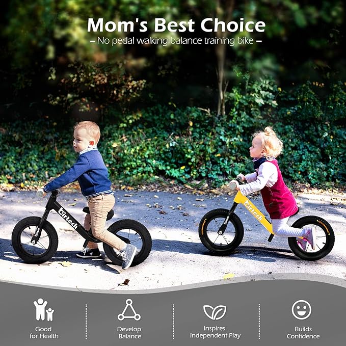 12" Balance Bike for 2, 3, 4, 5 Year Old Boys and Girls, Lightweight Nylon Frame Toddler Training Bike No Pedal Bikes for Kids with Adjustable Seat and Air Tires