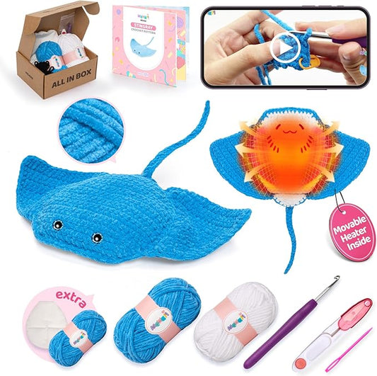 Mewaii Microwavable Heatable Manta Ray Crochet Kit for Beginners Level 2 with 40% Extra Eco-Friendly Pre-Started Easy Yarn, Step-by-Step Video Tutorials for Adults and Kids