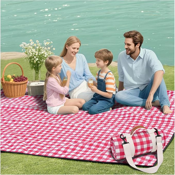 Genovega Waterproof Picnic Blanket Beach Outdoor Camping Mat Extra Large Foldable Cute Big Travel Essential Accessories Gift Park Patio Lawn Garden Grass Ground Music Festival Must Have Checkered