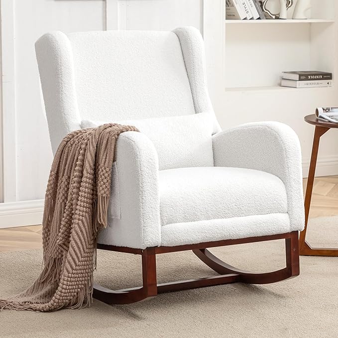 Rocking Chair Nursery,Teddy Nursery Rocking Chairs with Foot Rest, Sherpa Nursing Chair Glider Rocker with Wingback and Pillow for Living Room, Bedroom, White