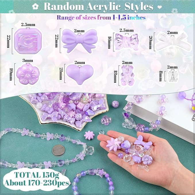 Assorted 170-230PCS Purple Acrylic Beads for Bracelet Making, Flower Bow Butterfly Candy GummyBear Aesthetic Bracelet Charms,Cute Beads for Jewelry Making DIY Necklace Keychain Phone Charm