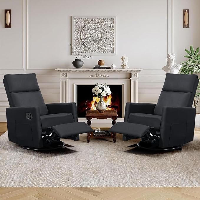 Swivel Rocker Recliner Chairs Set of 2, Upholstered Fabric Nursery Rocking Glider Chair with Adjustable Backrest and Footrest, Lay Flat Recliner Single Lazy Sofa for Living Room(Black)