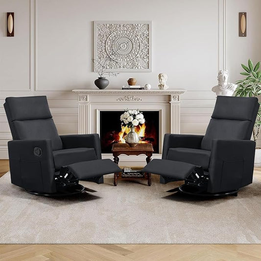 Swivel Rocker Recliner Chairs Set of 2, Upholstered Fabric Nursery Rocking Glider Chair with Adjustable Backrest and Footrest, Lay Flat Recliner Single Lazy Sofa for Living Room(Black)