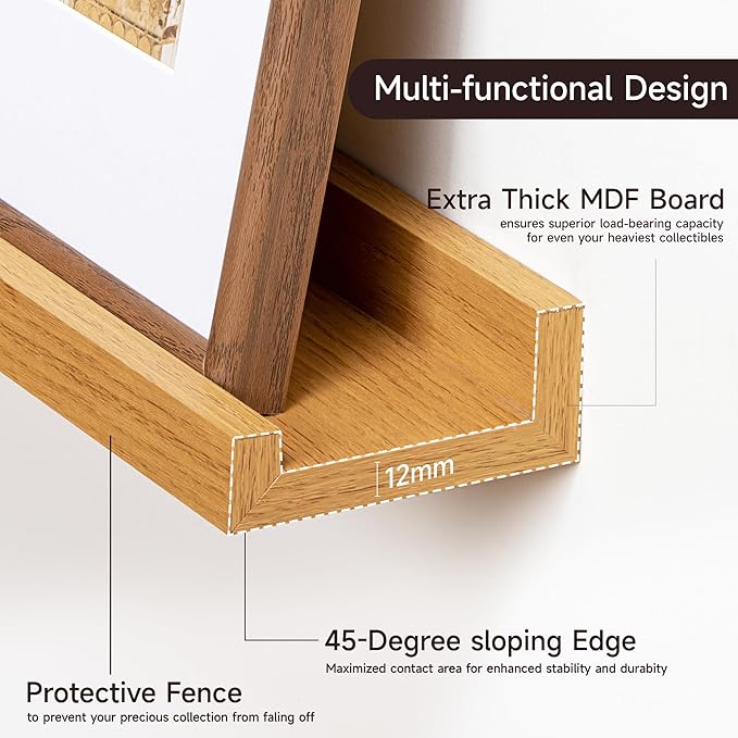 Fun Memories Picture Ledge Shelf, 48 Inch Floating Shelves Set of 2, Large Nursery Book Shelves for Toys Storage, Kids Bookshelf Wall Mounted for Wall Decor Books Photo Frames, Oak