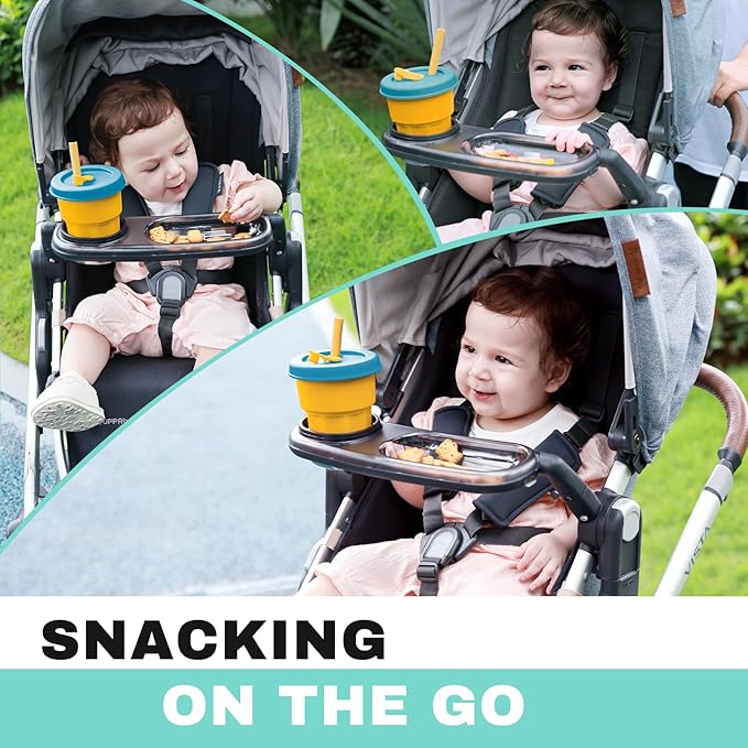 Snack Tray Fits for UPPAbaby Vista/Vista V2/Vista V3/Cruz/Cruz V2/ RumbleSeat/RumbleSeat V2, Stroller Tray with Cup Holder & Recessed Bowl, Dishwasher Safe, Quick Attachment, Folds with Stroller, Grey