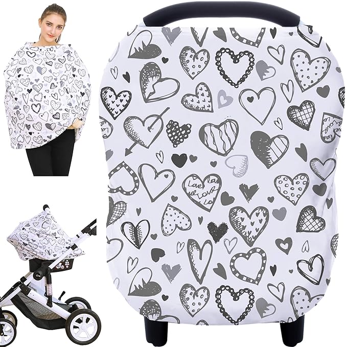 Baby Car Seat Covers, Carseat Canopy, Boys Girls Privacy Breastfeeding Cover (Grey Heart)
