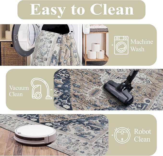 Washable Area Rugs 8x10, Large Rugs for Living Room, Carpet for Bedroom, Soft Faux Wool Retro Dining Room Rug, Non-Slip Backing Resistant Low Pile Vintage Print Rug for Home Office (Taupe/Blue)