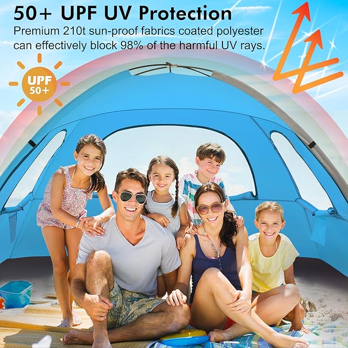 WhiteFang Beach Tent Anti-UV Portable Sun Shade Shelter for 3/4/6/8 Person, Extendable Floor with 3 Ventilating Mesh Windows Plus Carrying Bag, Stakes and Guy Lines