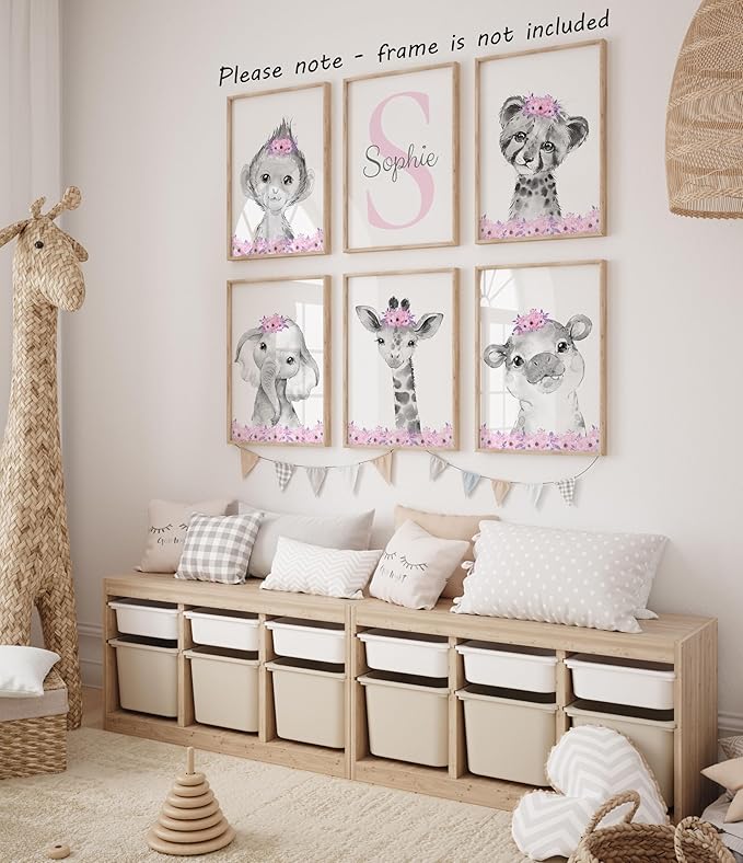 Personalized Safari Animals for Baby Girls Nursery Bedroom Unframed Set of 6 Poster Prints, Personalized Name Pink Purple Flowers Wall Art Decor New Baby Gift Present, Elephant Giraffe Panda Zebra Lion (11x14)