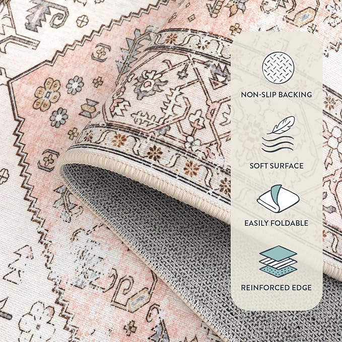 Lahome Boho Washable Living Room Area Rug - 3x5 Small Pink Rugs for Bedroom Non-Slip Throw Nursery Kids Room Rug, Vintagel Print Carpet Rug for Kitchen Office Bathroom Laundry Room (Pink, 3'x5')