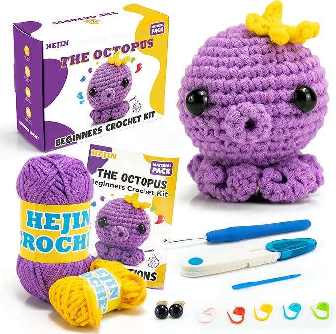 HEJIN Crochet Kit for Beginners, Beginner Crochet Kit for Adults Kids, Octopus Crochet Animal Kit Include Videos Tutorials, Yarn, Eyes, Stuffing, Crochet Hook- Boys and Girls Birthdays Gift
