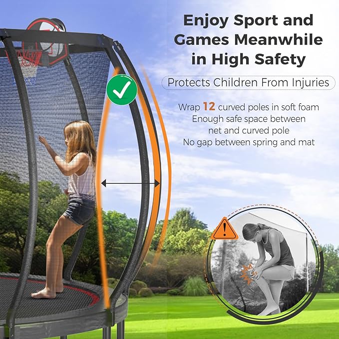 Tatub Large Trampolines Outdoor 10 12 14 15 16FT for Kids and Adults,Outdoor Recreational Pumpkin Trampolines with Curved Poles and Safety Enclosure Net, Basketball Hoop, Ladder