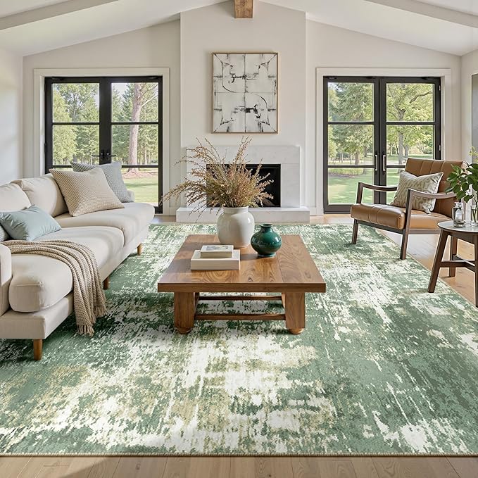 Washable Area Rugs 6'x9' Non-Slip Modern Abstract Soft for Living Room Entryway Bedroom Nursery, Print Pattern, Light Green/Yellow