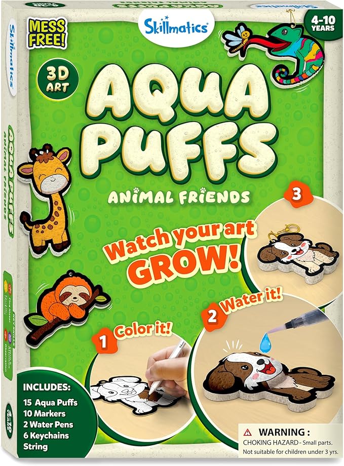 Skillmatics 3D Art Kit - Aqua Puffs Animals, Mess-Free Paint by Number Craft for Kids, DIY Color & Inflate Activity, Travel & Creative Gift for Girls & Boys Ages 4, 5, 6, 7, 8, 9, 10