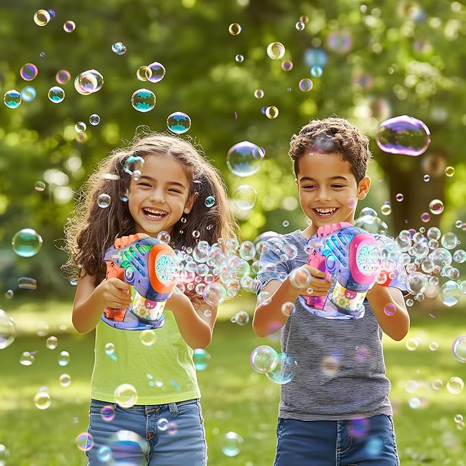 EagleStone 2 Bubble Guns for Toddlers, Kids Bubble Machine Gun, Twist Knob, LED Lights,2 Refill Solutions,10 Concentrate Bubble Blaster for Party Favor, Summer, Outdoor, Easter Basket, Birthday Gift