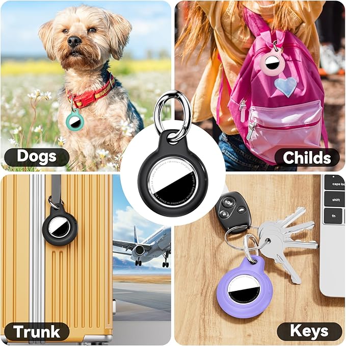 Upgrade Waterproof 4 Pack Airtags Holder with Apple Airtags Keychain, Hard PC Air Tag Case, Anti-Scratch & Shock Air tag Holder, Men's Women's Keyrings & Keychains -Black+Mint Green+Purple+Pink