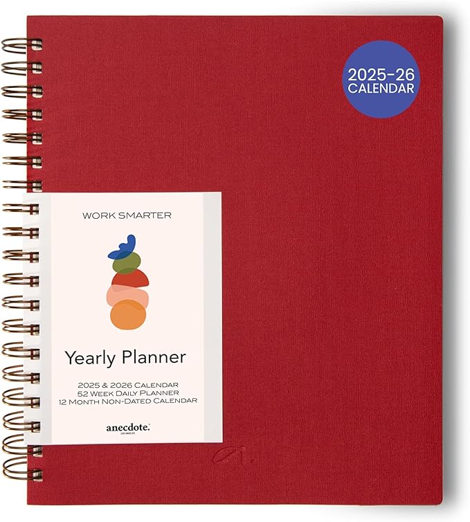 Anecdote 2026 Planner (8.5" x 10") Daily Planner Weekly Monthly Planner - 52 Weeks w/Library Buckram Cover, Brass Spiral - A4 Size Bleed-Resistant Paper – Red