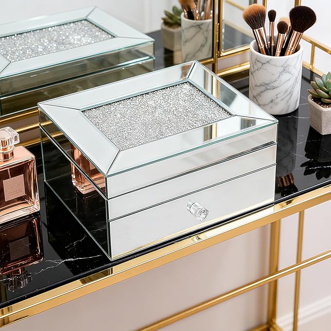 2 Layer Mirror Glass Jewelry Box with Crushed Diamond Decor, Velvet-Lined Trinket Organizer for Rings Earrings Necklaces Bracelets - Elegant Treasure Chest Storage Case for Women Girls