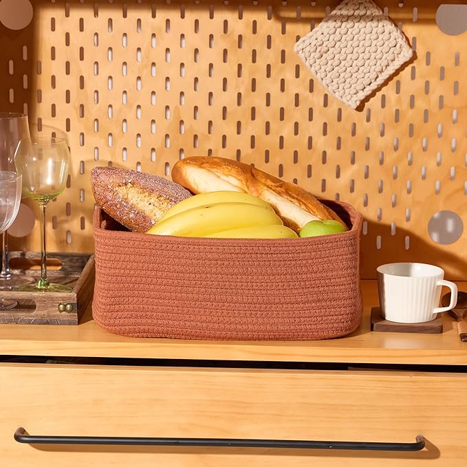 Small Storage Baskets for Organizing | Closet Organizer Bins | Shelf Toy Basket | Woven Rope Baskets | Cube Decorative Box | Shallow Basket | 13x8.5x5.1” | 3 Packs Oxide Red