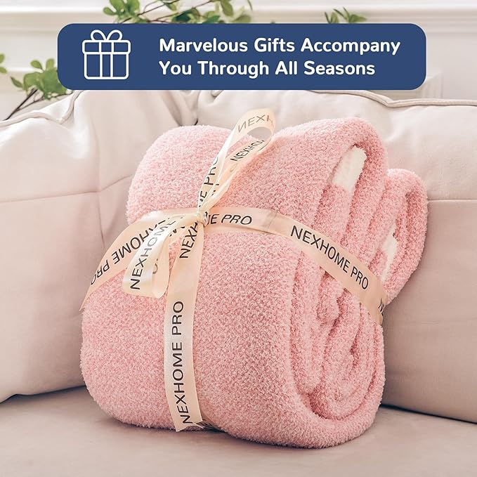NEXHOME PRO Soft Blankets Pink, Cozy Throw Blanket for Couch, Warm Reversible Knit Blanket for Women, Fuzzy Lightweight Throws for Sofa, Bed, Picnic, Heather Hot Pink, 50 x 60 inches