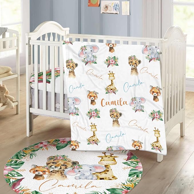 Personalized Baby Crib Bedding Set - Custom Name Lions Design 3 Pcs Set - Soft Blanket with Double Layer Dotted Backing, Fitted Sheet, Room Rug for Newborns Boys Girls Shower Gift