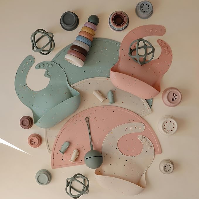 mushie Silicone Baby Bib | Adjustable Fit Waterproof Bibs (Cambridge Blue Confetti)