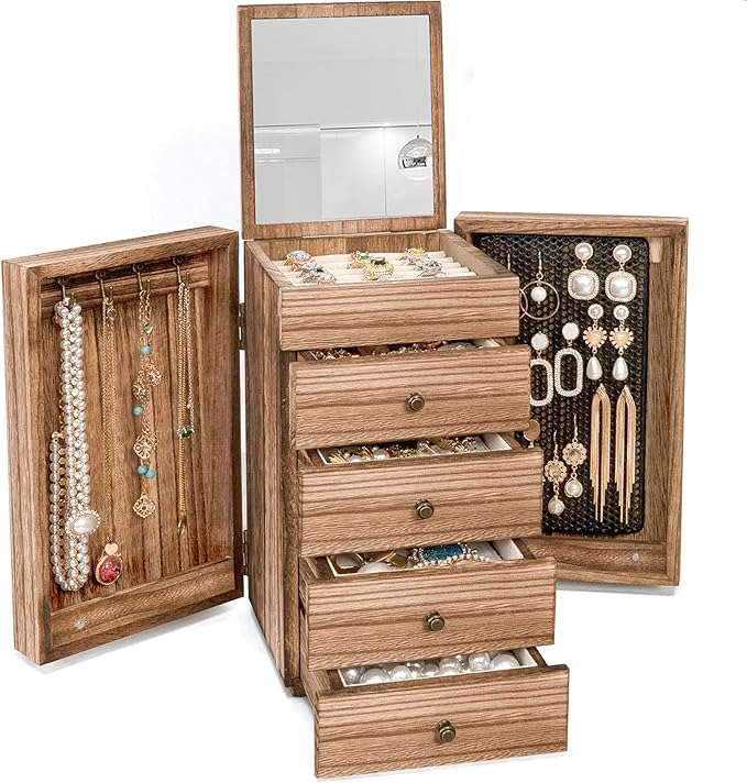 Meangood Jewelry Box Wood for Women, 5-Layer Large Organizer Box with Mirror & 4 Drawers for Rings, Earrings, Necklaces, Vintage Style, Torched Wood