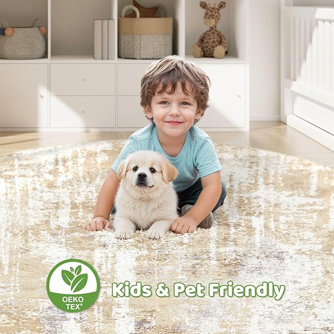 Round Rug Living Room Rugs: 10x10 Washable Circle Large Abstract Modern Soft Stain Resistant Non-Slip Indoor Floor Carpet for Bedroom Nursery Office Dining Room Playroom Home House Decor - Gray Gold