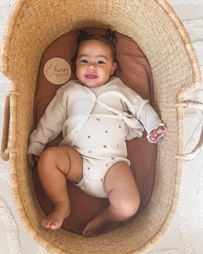 Bassinet Sheet for Baby Boy and Girl 2 Pack, Fitted Sheets for Rectangle, Oval, Hourglass Bassinet Mattress, Muslin Moses Basket Sheets with Neutral Style (Beige & Mustard Yellow)