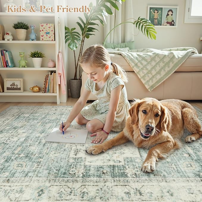 LIVEBOX Washable Area Rug 5x7 Rugs for Living Room Bedroom, Non-Slip Boho Indoor Carpet for Dining Room Office, Low-Pile Farmhouse Soft Carpets for Kids Nursery Playroom, Sage Green