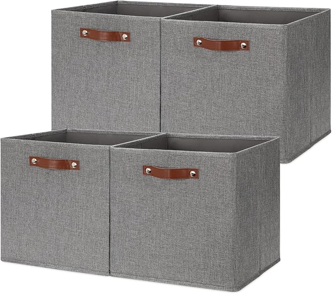 HNZIGE Fabric Storage Cubes Bins Baskets for Shelves Set of 4 Baskets, 13 Inch Storage Bins with Handles, Foldable Storage Cube Organizer Bins Organizing Home Nursery (Gray)