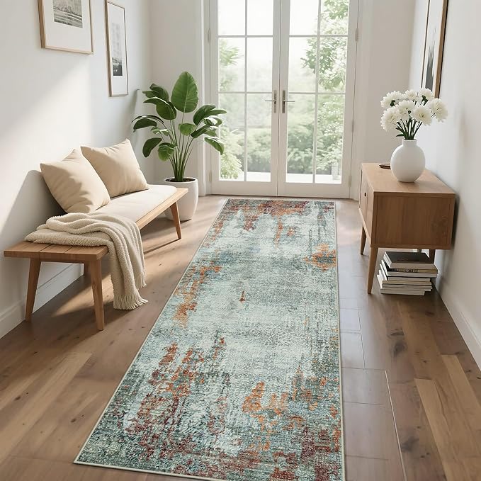 Runner Rug for Hallways Kitchen 2'6"x8' Washable, Non Slip Carpet 8ft Area Rugs Entryway Rubber Backed 8 Feet Neutral Abstract Modern Low Pile Indoor Red Brown